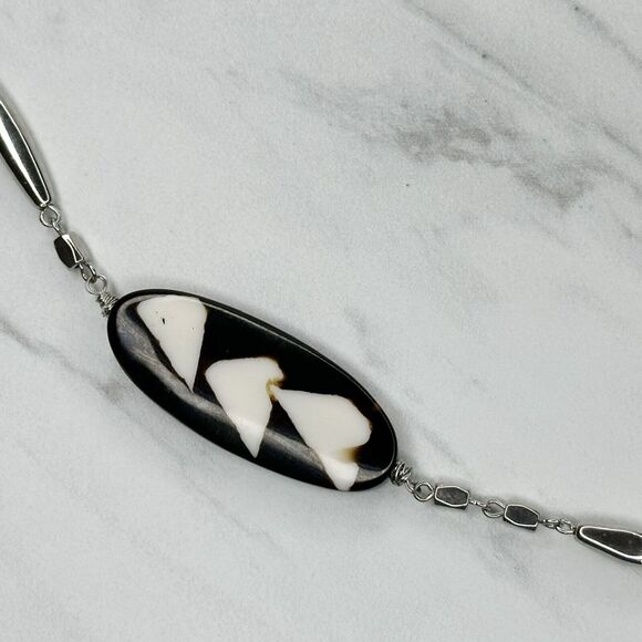 Chicos Black White Geometric Beaded Long Silver Chain Necklace 46" ✨ - Picture 6 of 9